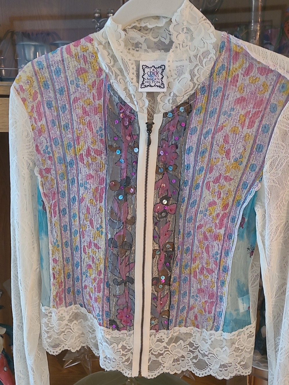 Charming Lace & Floral Zip-Up Jacket in Pastel Mix